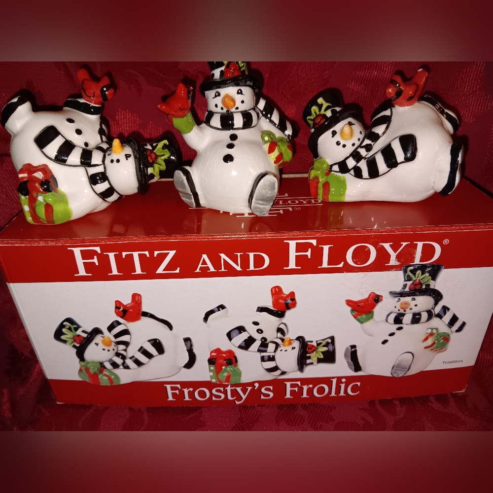 Fitz and Floyd Frosty's Frolic Snowman Set with Red and Green Accents